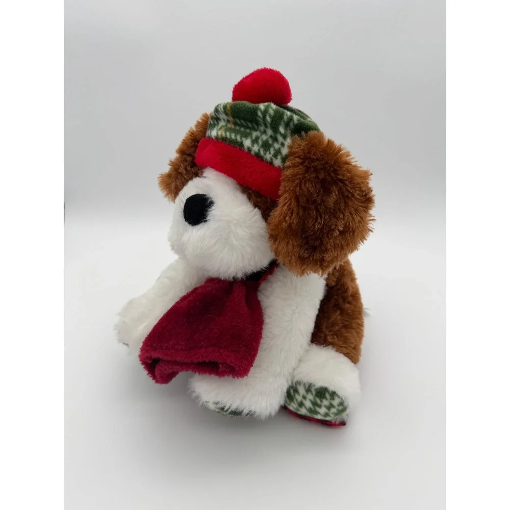 GT Gentle Treasures Holiday Plush Puppy Dog Green Plaid Hat Scarf Stuffed Animal